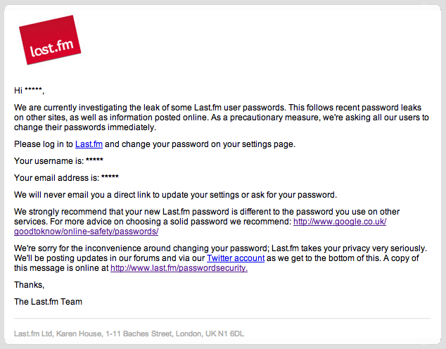 Email från Last.fm om läckta lösenord